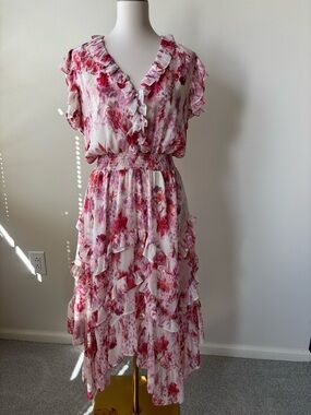 Misa Los Angeles Pink and White Floral Ruffle Midi Dress